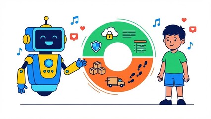 Blue Artificial Intelligence Robot Teaching Young Boy About Cloud Security Logistics Coding and Digital Footprints Using Visual Charts and Data Analysis for Educational Purposes in Modern Flat Cartoon