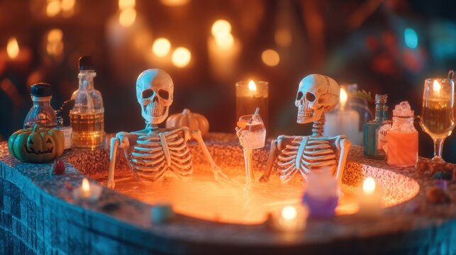 Skeleton couple models relax in a spooky hot tub at a Halloween party with glowing candles and small pumpkin decor.