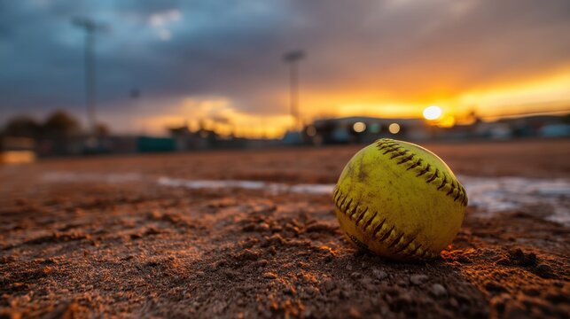 Yellow softball on dirt field at sunset. Sports concept for outdoor team games and athletic events. Golden hour lighting on a baseball diamond.