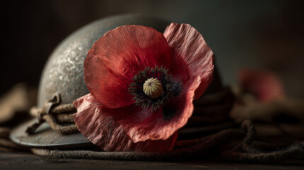 A soldier helmet and red poppy flower. A Solemn Memorial Day Tribute
