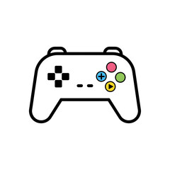 White video game controller icon with colorful buttons on white background Keywords: game