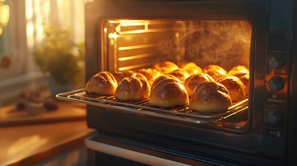 Freshly baked bread rolls or buns in a warm oven with steam. Homemade bakery dessert for breakfast or dinner concept.