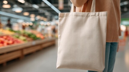Woman using a reusable canvas tote bag for grocery shopping in a supermarket. Eco-friendly consumer choice and sustainable lifestyle concept.