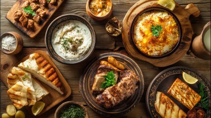 A top-down view of a traditional homemade mediterranean food spread with various dishes including rice, meat, bread, and dips for a healthy lunch or dinner.