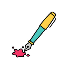 Yellow and Teal Fountain Pen with Red Ink Splatter on White Background writing stationery