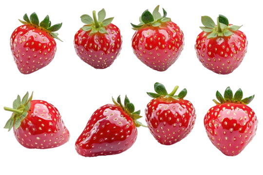 Eight ripe red strawberries with green stems isolated on transparent background