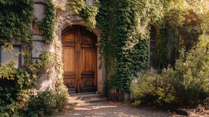Old wooden door of an ancient building with climbing ivy. Concept of tradition, history, and nature reclaiming architecture in an outdoor setting.