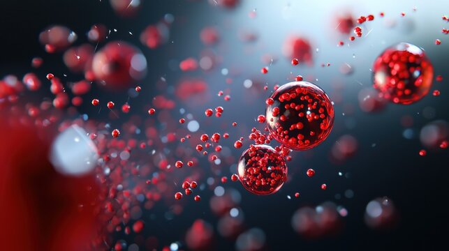 Red blood cells or virus cells inside clear spheres on a dark background. Microscopic view of cell biology, medical research, and disease study concept.