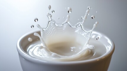 Milk splash macro crown formation in white ceramic bowl with suspended droplets and concentric ripples captured in high-speed photography frozen motion