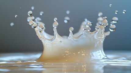 Milk crown impact splash with perfect droplets formation captured in high-speed photography showing liquid surface tension and translucent white milk crown