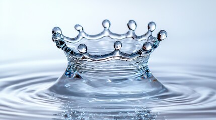 Liquid crown effect water droplet creating perfect symmetrical splash formation with crystal clear transparency and professional studio lighting capture