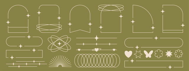 Set of aesthetic, minimalist line art frames and borders featuring arches, geometric shapes, and text dividers embellished with sparkles and stars