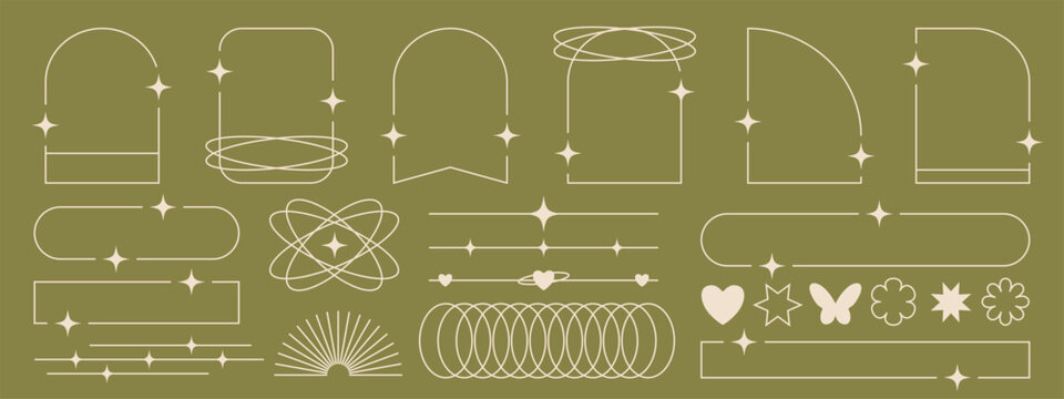 Set of aesthetic, minimalist line art frames and borders featuring arches, geometric shapes, and text dividers embellished with sparkles and stars