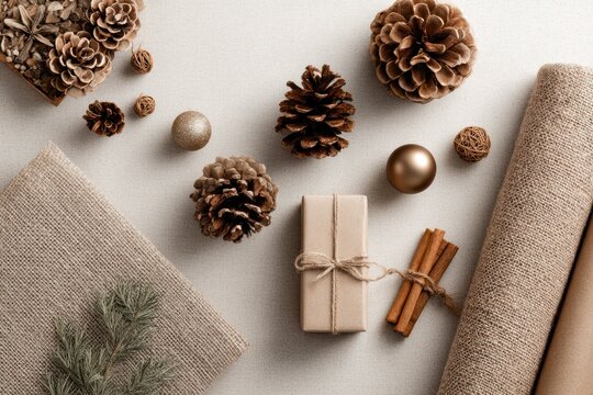 Natural christmas decor flat lay with gift, pinecones, and craft supplies - Powered by Adobe