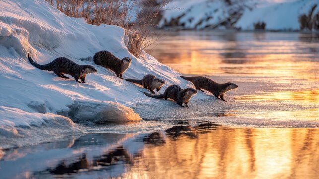 A group of otters walking across a river