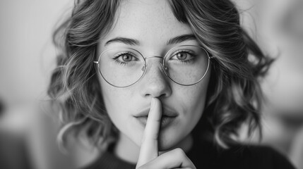 細い縁の眼鏡をかけた知的な雰囲気の一人の白人の美しい女性が、人差し指を口元に当てて「シー！」という静止のジェスチャーをしている顔のクローズアップ、20代、30代、40代、テキストスペース・余白あり