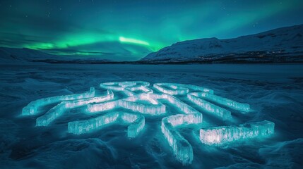Aurora Borealis over Ice Sculpture in Icelands Winter Landscape.