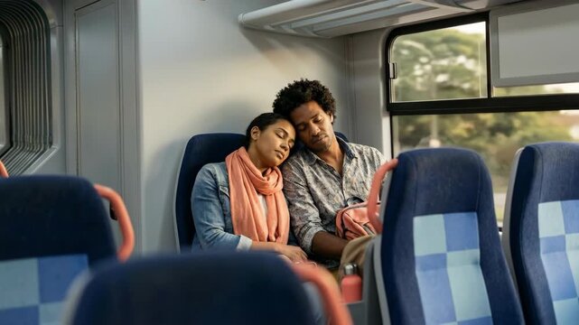 Tired Multiethnic Couple Sleeping Together While Traveling on Public Train Transport with Woman Resting Head on Man Shoulder Representing Comfort Trust and Exhaustion during Long Journey Commute