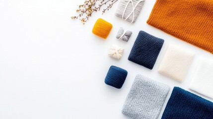 Overhead shot of various colorful textiles and yarn balls arranged on a white surface, creating a visually appealing flat lay composition.