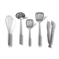 Set of Five Stainless Steel Kitchen Utensils on White Background