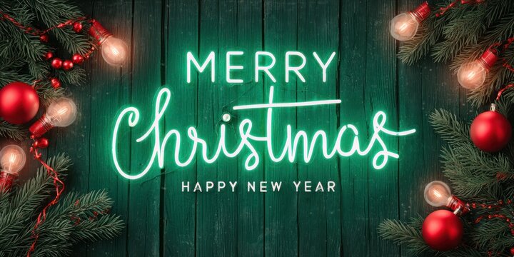 Merry christmas and happy new year neon sign on wooden background with festive decorations - Powered by Adobe