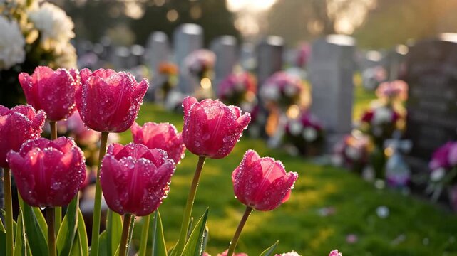 Beautiful pink tulips with water droplets in cemetery with blurred gravestones during golden sunset symbolizing memory grief and eternal peace for loved ones