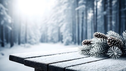 Snow covered wooden table with pine cones in winter forest