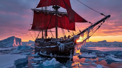 A majestic ship with red sails navigates through icy waters at sunset, creating a breathtaking scene of adventure - Powered by Adobe