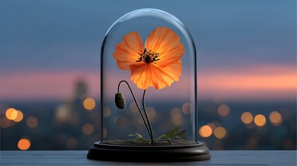 Surreal digital: a glass dome containing a glowing poppy floating over a city at dusk, dramatic sky, copy space for reflective quote
