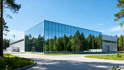 Fototapeta premium Modern Industrial Building with Glass Façade Surrounded by Lush Green Forest