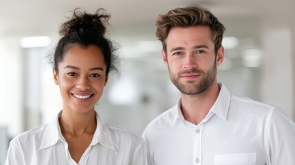 Professional colleagues smiling in bright office setting