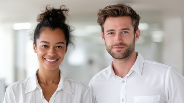 Professional colleagues smiling in bright office setting