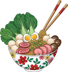 A colorful illustrated bowl of ramen noodle soup with pork egg bok choy and chopsticks.