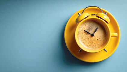 A yellow coffee cup styled like an alarm clock, with clock hands floating on the frothy surface, symbolizing a bright and energetic start to the day. Morning coffee concept