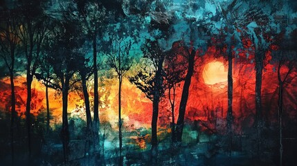 Enchanted Forest at Sunset - A Vibrant Tapestry of Light and Shadow.