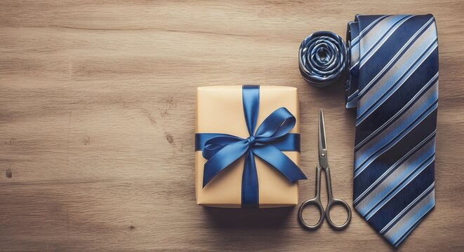 Father s day gift with tie scissors and boutonniere on a wooden background for a special celebration - Powered by Adobe