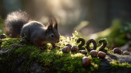 A squirrel eating nuts on a moss covered log