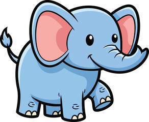 Adorable light blue cartoon baby elephant walking with a cheerful smile and big pink ears.