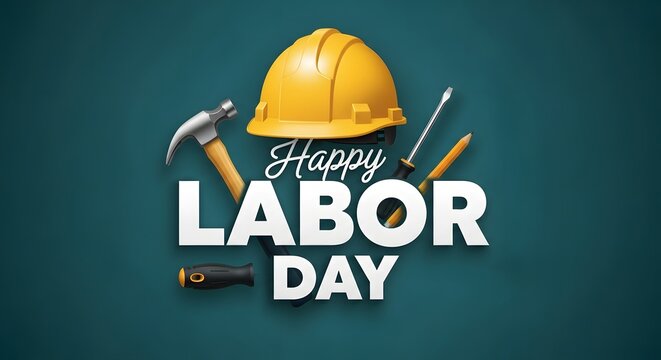 Happy labor day celebration with construction tools and a yellow hard hat on blue background