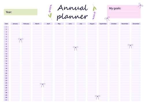 Annual vector planner with layout for year overview, monthly tracking and personal goals. Design for productivity, organization, self-care planning, digital planners, printables, stationery