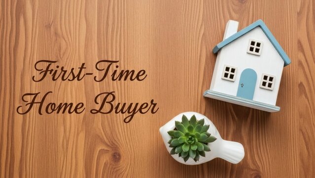Dream Home FirstTime Buyers Nest with wooden desk, succulent, and house model.