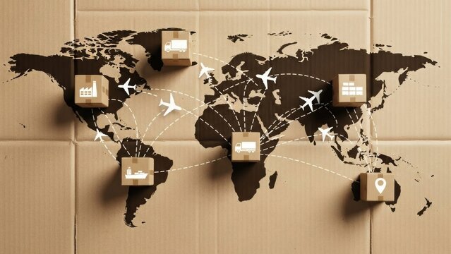 Global Logistics Boxes Connect World on Cardboard Map.
