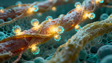 Naklejka premium Intricate Microscopic View of Bacterial Structures with Glowing Viral Particles
