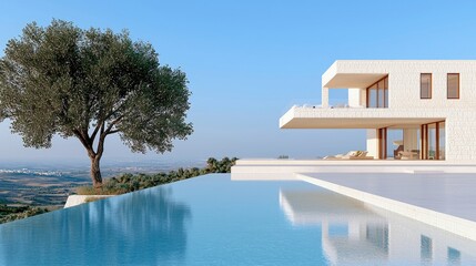 A modern white house with an infinity pool and a tree on a sunny day. The pool reflects the clear blue sky. The house has large windows and a balcony.