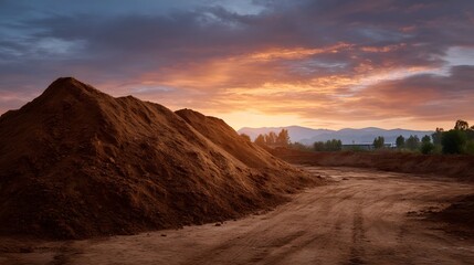 Naklejka premium Vast piles of brown soil sit at a construction site under a dramatic colorful sunset sky