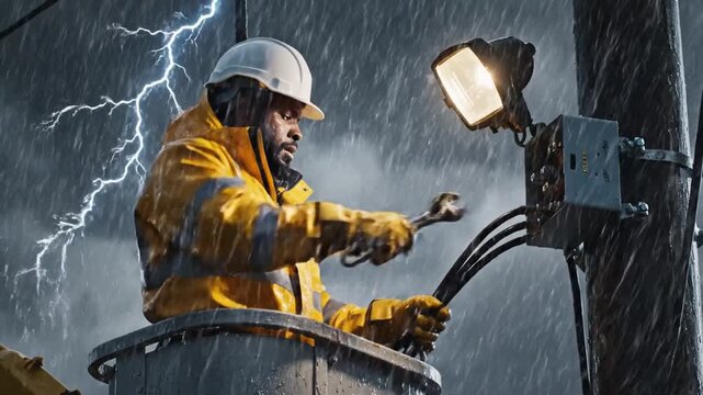 Electrical worker repairs power lines during storm with sparks and lightning outdoors safety