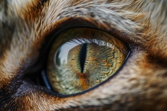 Macro photography of green cat eye with contracted pupil and surrounding fur