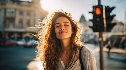 A joyful woman smiles in sunlight, embodying happiness and positivity amidst an urban backdrop.