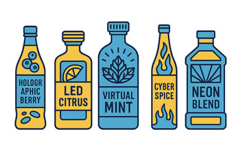 Unique beverage labels featuring vibrant colors and futuristic designs on assorted bottles