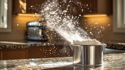 Flour tossing air explosive motion mid-air kitchen stainless container particles flying granite countertop culinary action photography ingredient movement